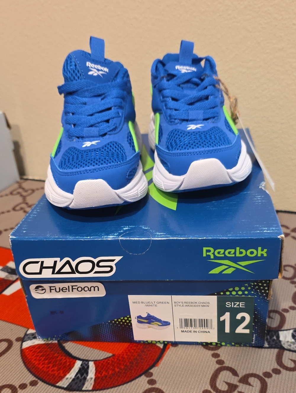 Reebok Chaos Fuel Foam Kids Blue Sneakers with Neon Green Accents